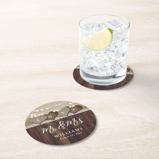 Rustic Country Wood Mr. en Mrs Wedding Ronde Kartonnen Onderzetter (Insitu)