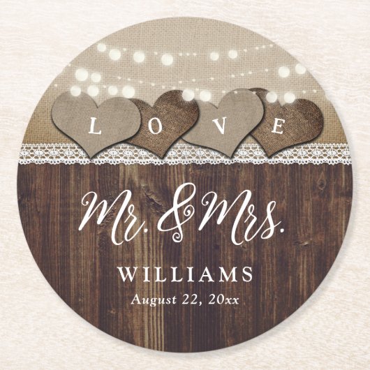 Rustic Country Wood Mr. en Mrs Wedding Ronde Kartonnen Onderzetter (Voorkant)