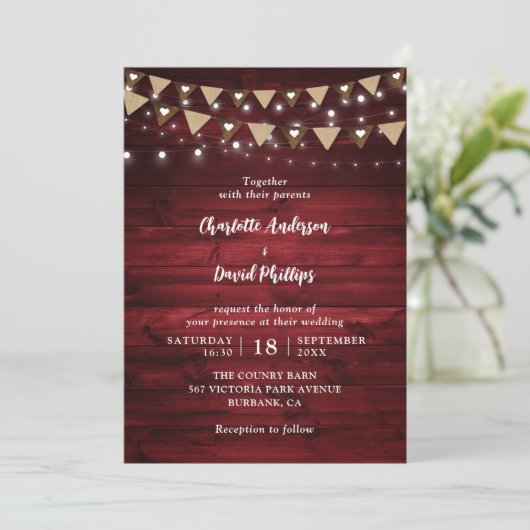 Rustic Country Wood String Lights Wedding Kaart (Staand voorkant)