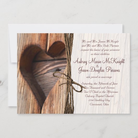 Rustic Country Wooden Heart Twine Wedding Invites Kaart (Voorkant)