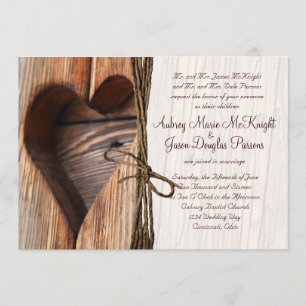 Rustic Country Wooden Heart Twine Wedding Invites Kaart