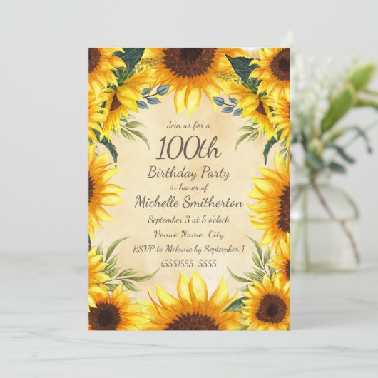 Rustic Country Yellow Sunflower 100e verjaardag in Kaart (Staand voorkant)