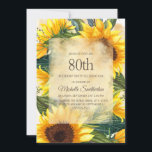 Rustic Country Yellow Sunflower 80th Birthday Kaart<br><div class="desc">Roestgeel en bruin landelijke zonnebloemen met mooie groene bladeren,  een uitnodiging voor een 80e verjaardag voor vrouwen. Neem contact met ons op voor hulp bij aanpassingen of om passende producten aan te vragen.</div>