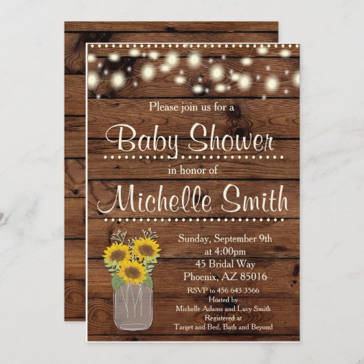 Rustic Country Zonnebloem Mason Jar Baby shower Kaart (Voorkant / Achterkant)