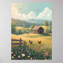 Rustic Countryside Cabin with Wildflowers  Poster