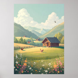 Rustic Countryside Cabin with Wildflowers  Poster