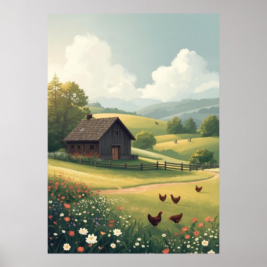 Rustic Countryside Cabin with Wildflowers Poster (Voorkant)