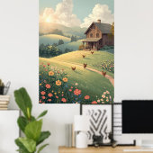 Rustic Countryside Cabin with Wildflowers  Poster (Thuiskantoor)