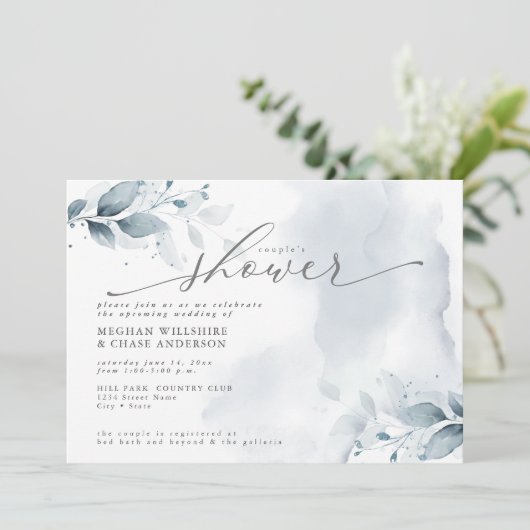Rustic Couple's Shower Dusty Blue Foliage Invitat Kaart (Staand voorkant)