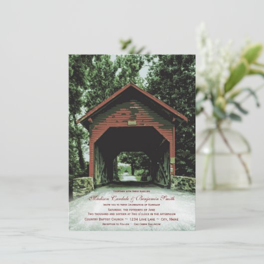 Rustic Covered Bridge Country Wedding Invitations Kaart (Staand voorkant)