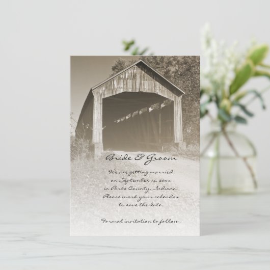 Rustic Covered Bridge Wedding Save the Date (Staand voorkant)