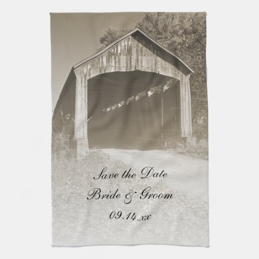 Rustic Covered Bridge Wedding Save the Date Theedoek (Verticaal)