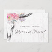 Rustic Cow Skull Boho Blush Floral Matron of Honor Kaart (Voorkant / Achterkant)