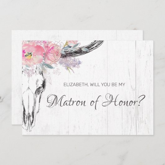 Rustic Cow Skull Boho Blush Floral Matron of Honor Kaart (Voorkant / Achterkant)