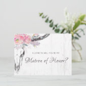 Rustic Cow Skull Boho Blush Floral Matron of Honor Kaart (Staand voorkant)