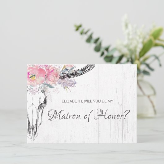 Rustic Cow Skull Boho Blush Floral Matron of Honor Kaart (Staand voorkant)