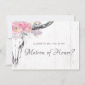 Rustic Cow Skull Boho Blush Floral Matron of Honor Kaart (Voorkant)
