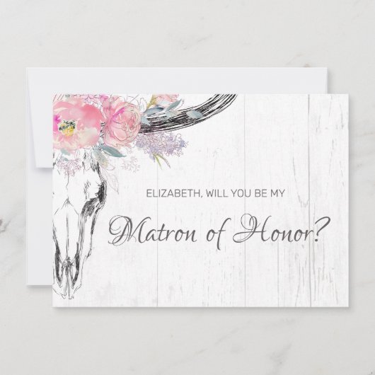 Rustic Cow Skull Boho Blush Floral Matron of Honor Kaart (Voorkant)
