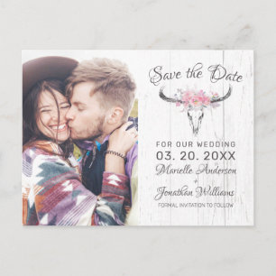 Rustic Cow Skull Boho Floral Photo Save the Date Aankondigingskaart