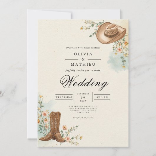 Rustic Cowboy Bloom Bruiloft Kaart (Voorkant)