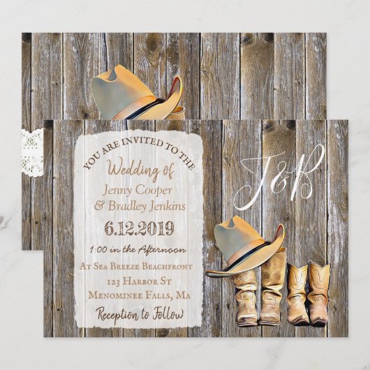 Rustic Cowboy Boots en Lace Wedding Kaart (Voorkant / Achterkant)