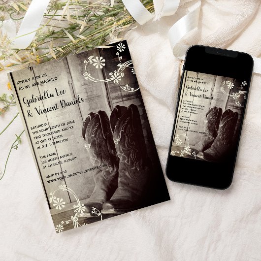 Rustic Cowboy Boots Floral country Western Wedding Kaart