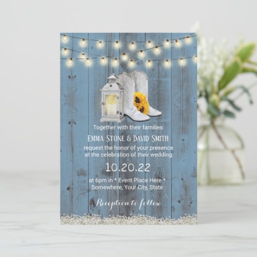 Rustic Cowboy Boots Lantern Dusty Blue Wedding Kaart (Staand voorkant)