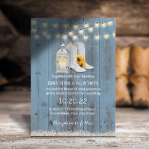 Rustic Cowboy Boots Lantern Dusty Blue Wedding Kaart