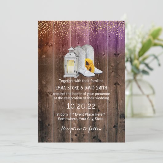 Rustic Cowboy Boots Lantern Gold Confetti Wedding Kaart (Staand voorkant)