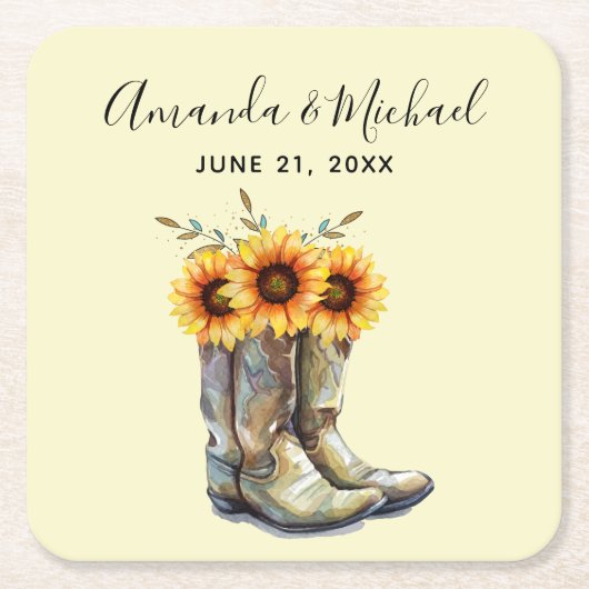 Rustic Cowboy Boots met Sunflower Wedding Kartonnen Onderzetters (Voorkant)