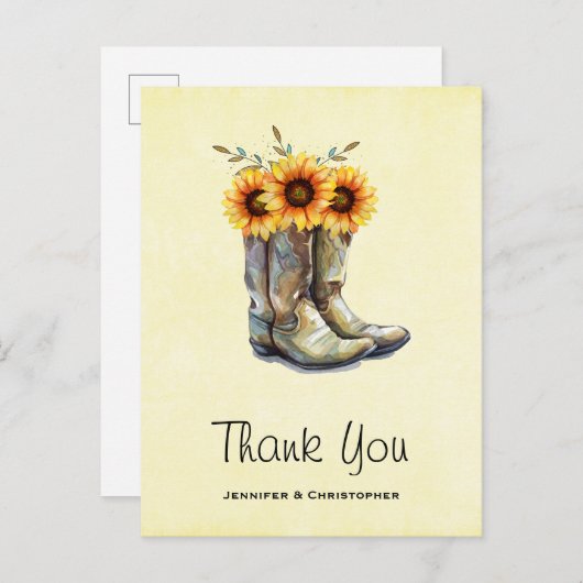 Rustic Cowboy Boots met zonnebloemen Dank je Briefkaart (Voorkant / Achterkant)