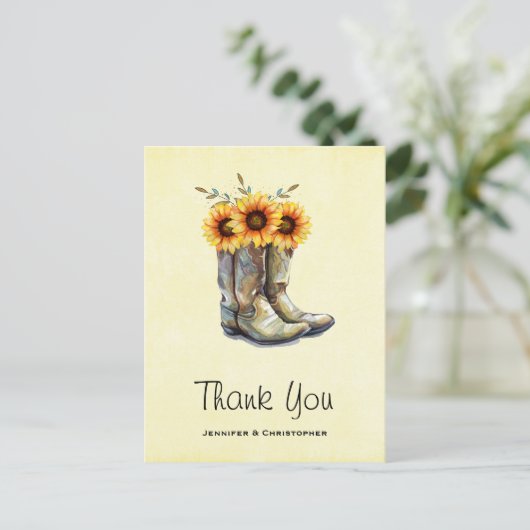 Rustic Cowboy Boots met zonnebloemen Dank je Briefkaart (Staand voorkant)
