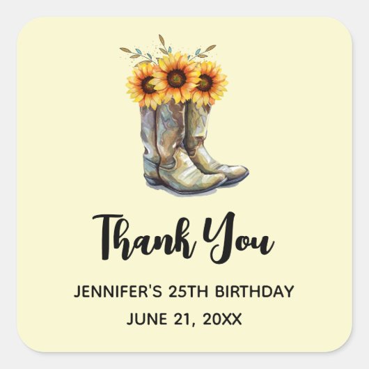 Rustic Cowboy Boots met zonnebloemen Dank je Vierkante Sticker (Voorkant)