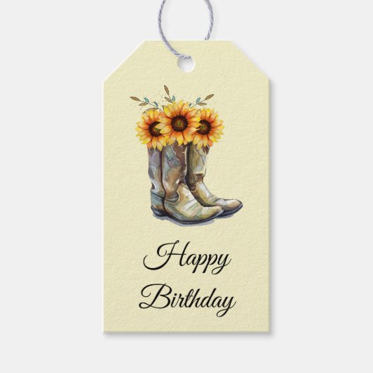 Rustic Cowboy Boots met zonnebloemen op zondag Cadeaulabel (Voorkant)