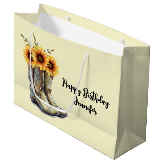 Rustic Cowboy Boots met zonnebloemen op zondag Groot Cadeauzakje (Voorkant Gekanteld)