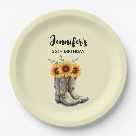Rustic Cowboy Boots met zonnebloemen op zondag Papieren Bordje (Voorkant)