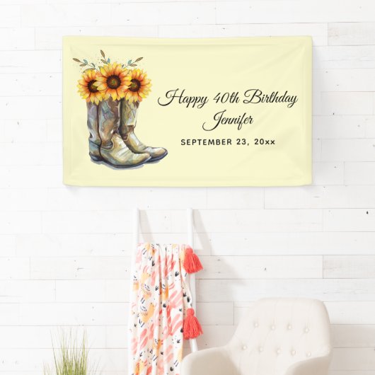 Rustic Cowboy Boots met zonnebloemen op zondag Spandoek (Insitu)