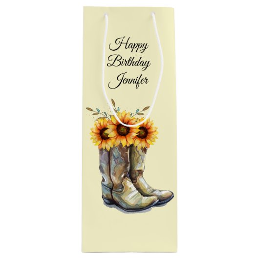 Rustic Cowboy Boots met zonnebloemen op zondag Wijn Cadeautas (Voorkant)