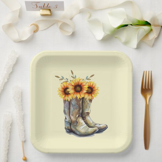 Rustic Cowboy Boots met zonnebloemen Papieren Bordje (Huwelijk)