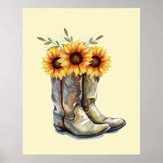 Rustic Cowboy Boots met zonnebloemen Poster (Voorkant)