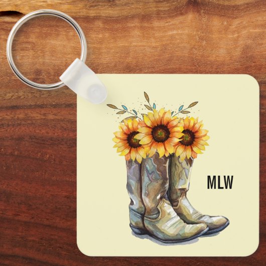 Rustic Cowboy Boots met zonnebloemen Sleutelhanger (Voorkant)