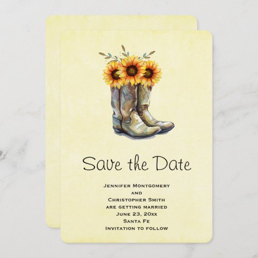 Rustic Cowboy Boots met zonnebloemen sparen de dat Save The Date (Voorkant / Achterkant)