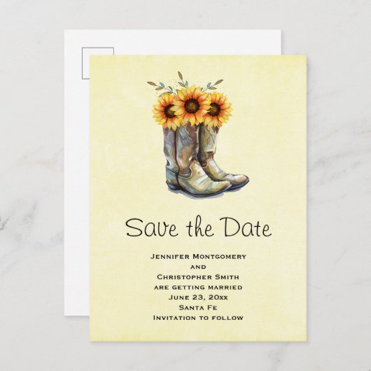 Rustic Cowboy Boots met zonnebloemen sparen de dat Uitnodiging Briefkaart (Voorkant / Achterkant)