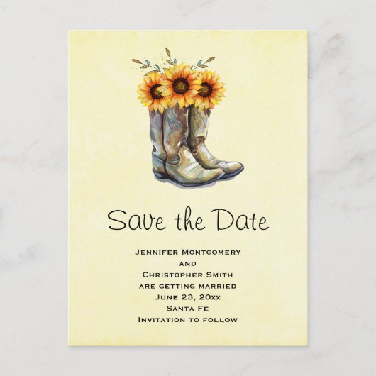 Rustic Cowboy Boots met zonnebloemen sparen de dat Uitnodiging Briefkaart (Voorkant)