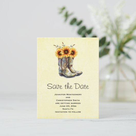 Rustic Cowboy Boots met zonnebloemen sparen de dat Uitnodiging Briefkaart (Staand voorkant)