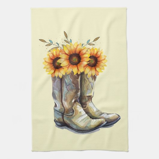 Rustic Cowboy Boots met zonnebloemen Theedoek (Verticaal)