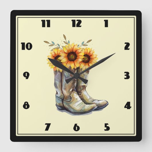 Rustic Cowboy Boots met zonnebloemen Vierkante Klok (Voorkant)