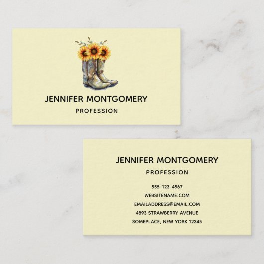 Rustic Cowboy Boots met zonnebloemen Visitekaartje (Voorkant / Achterkant)