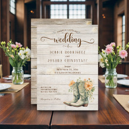 Rustic Cowboy Boots on Wood Wedding Invitation Kaart
