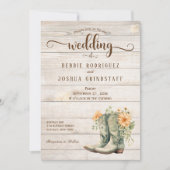 Rustic Cowboy Boots on Wood Wedding Invitation Kaart (Voorkant)